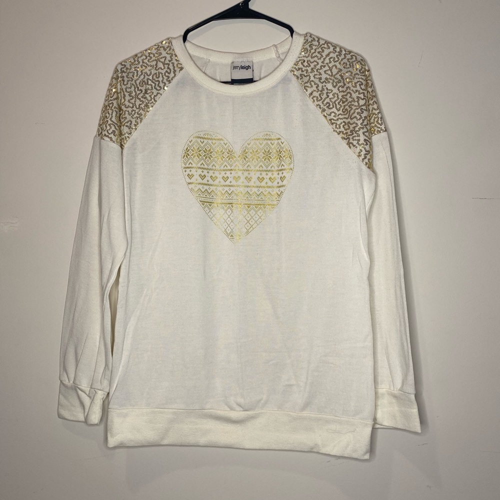 Jerry Leigh, juniors white top with gold heart detailing and sequins